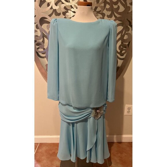 Ursula of Switzerland Dress Blue Size 10 Petite Polyester beaded flower Vintage - Picture 1 of 8